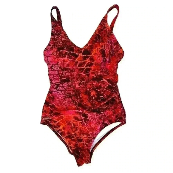 Speedo Coral Red Pink Orange Animal Print 1pc Swimming Bathing Suit - Picture 1 of 5